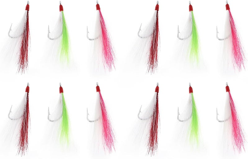 Briny River 12pcs Bucktail Teasers Fishing Hooks Saltwater Flounder Rig Stainless Steel Fishing Hooks 96mm 3g Bucktail Mylar Teasers Inserted for Catfish Cod Flounder - Image 1